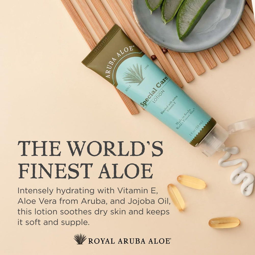 Aruba Aloe Special Care Lotion ingredients highlight aloe, vitamin E, and jojoba oil for nourished skin.