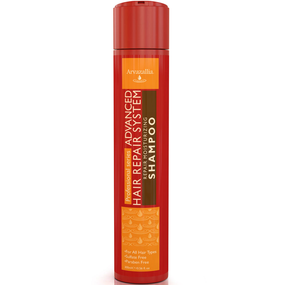 Arvazallia Advanced Hair Repair Shampoo bottle highlights argan and macadamia oils for dry, damaged hair.