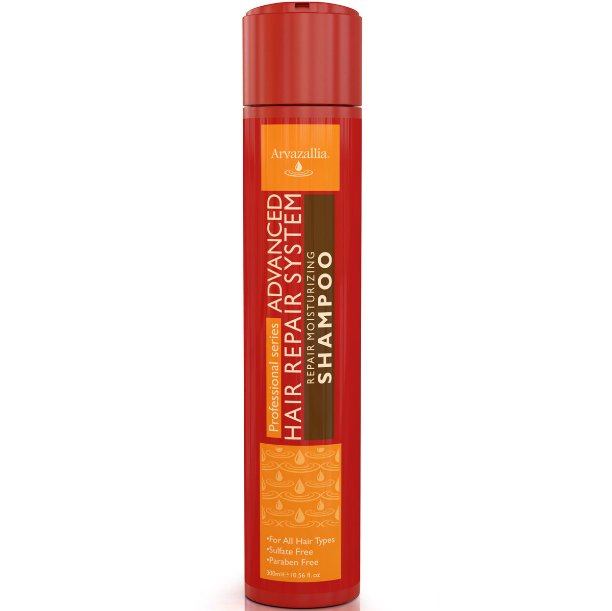 Arvazallia Advanced Hair Repair Shampoo bottle highlights argan and macadamia oils for dry, damaged hair.