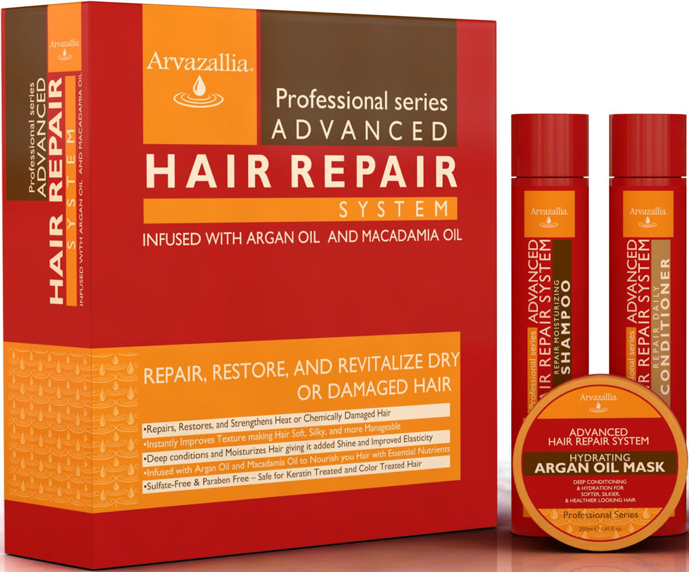 Arvazallia Advanced Hair Repair Shampoo bottle showing argan oil benefits for damaged hair.