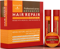 Arvazallia Advanced Hair Repair Shampoo bottle showing argan oil benefits for damaged hair.