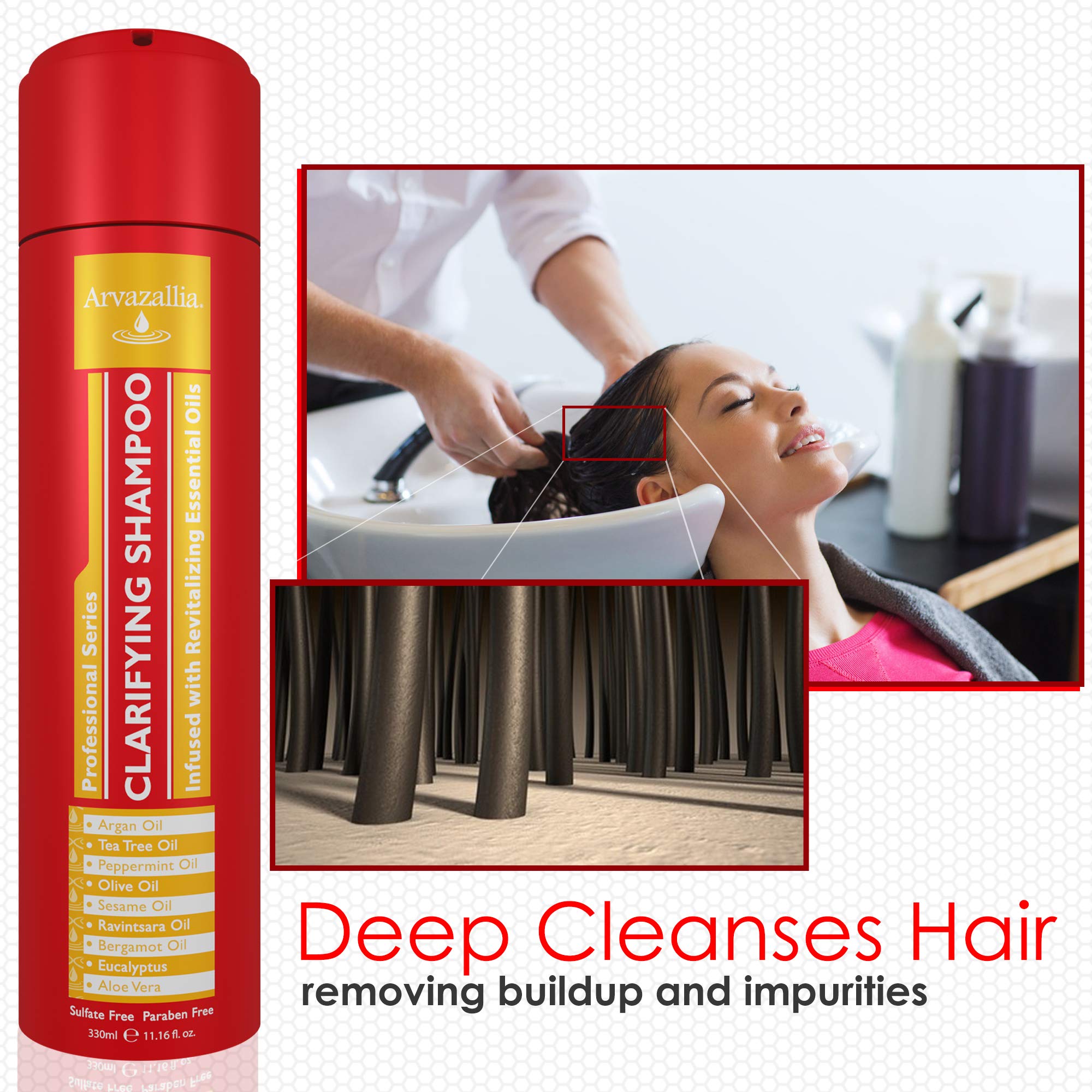 Arvazallia Clarifying Shampoo label highlights essential oil blend for nourishment.