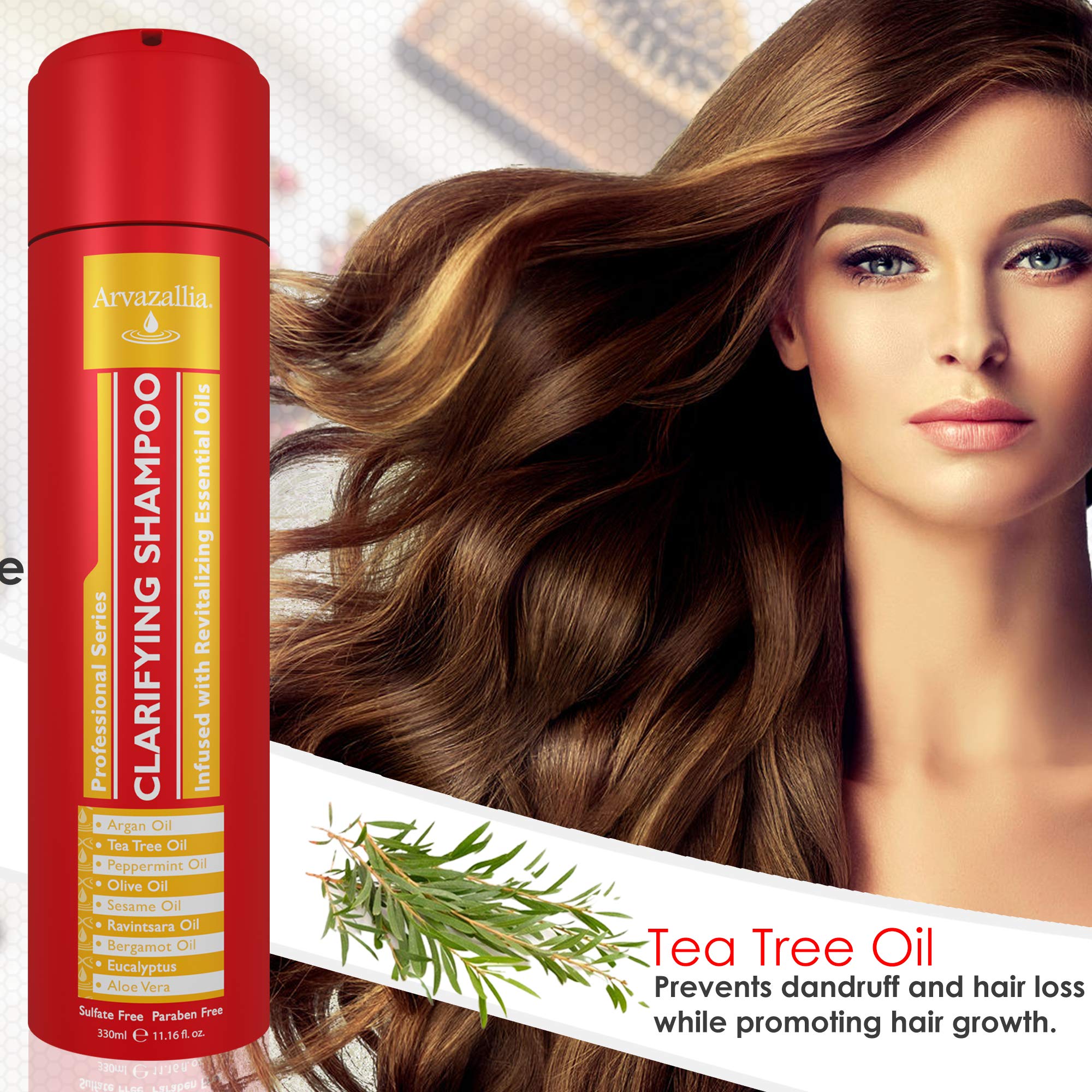 Arvazallia Clarifying Shampoo oil-blend visual emphasizes nourishing oils.