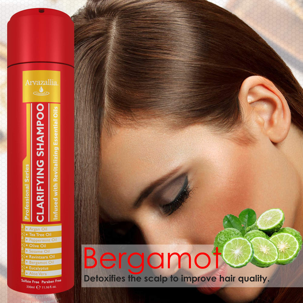 Arvazallia Clarifying Shampoo pump dispenser shown for easy use.