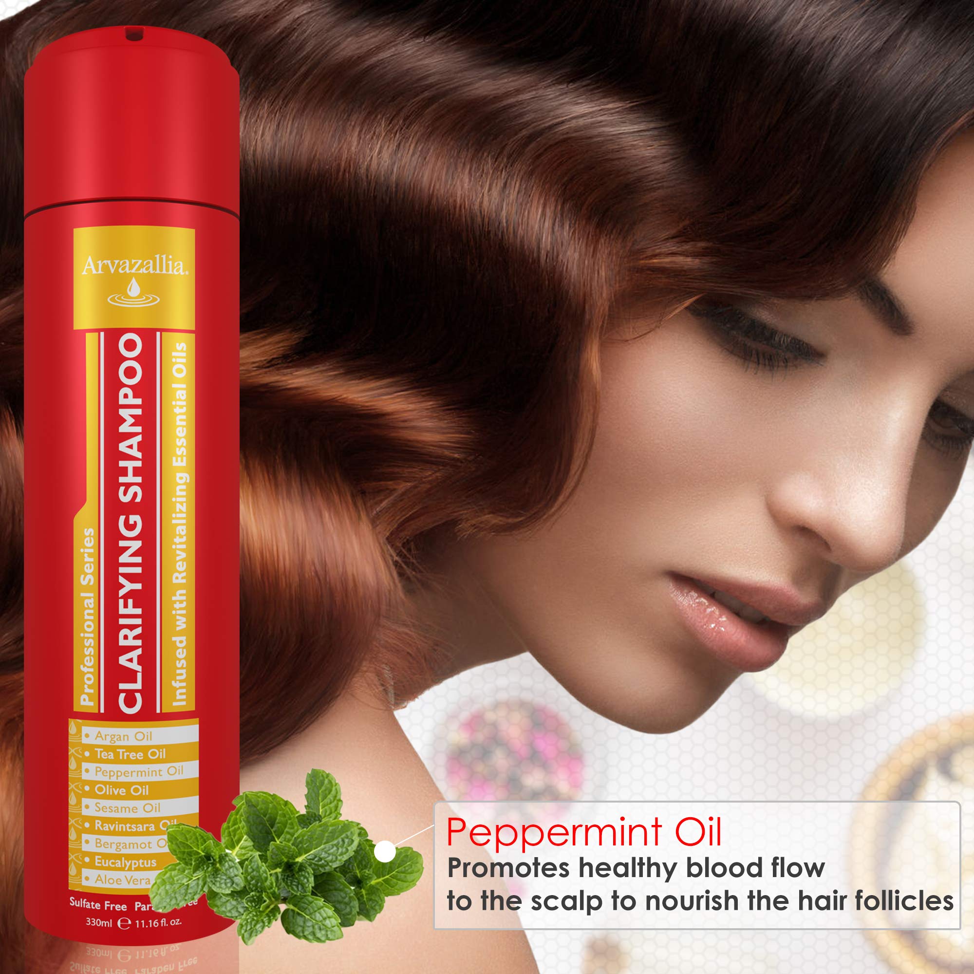 Arvazallia Clarifying Shampoo on scalp scene suggests refreshing cleanse.