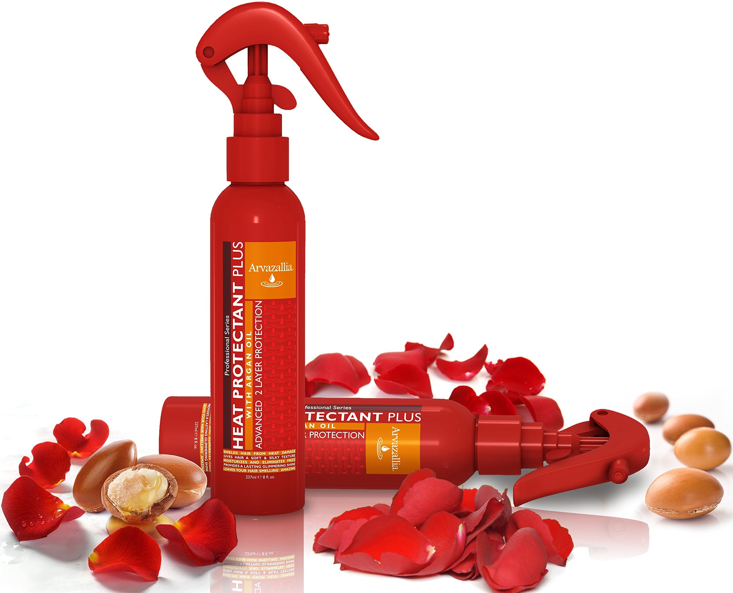 Arvazallia spray showing anti-frizz finish for smooth, manageable hair.