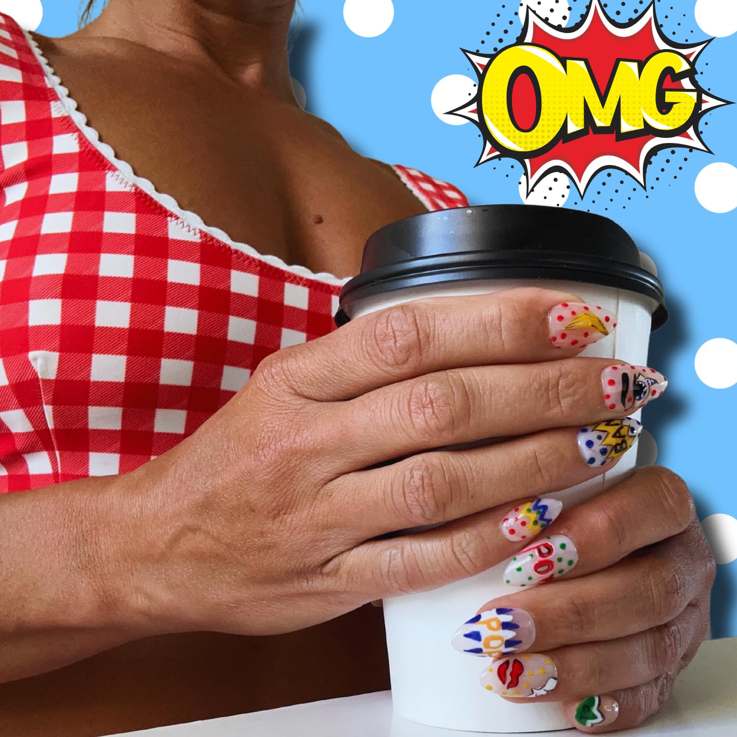 ARYANA NEW YORK pop art design nails showcased on hand for bold style