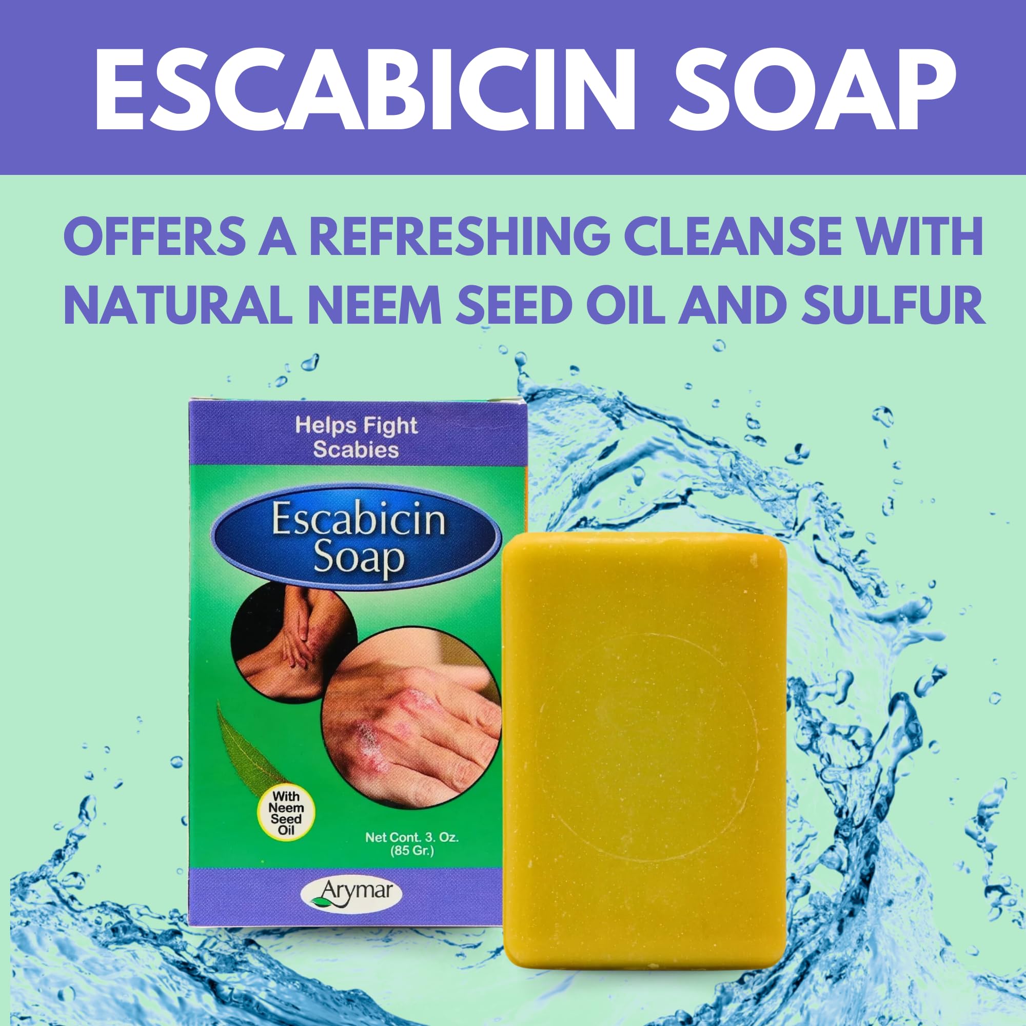 Arymar Escabicin sulfur soap bar neem oil detail emphasizes calming, soothing care.