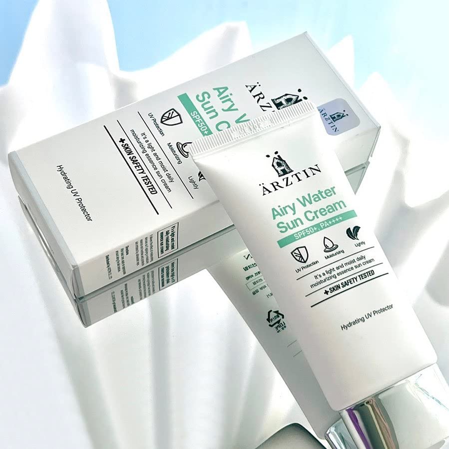 ARZTIN Airy Water Sun Cream close-up texture ready for light, daily sunscreen.