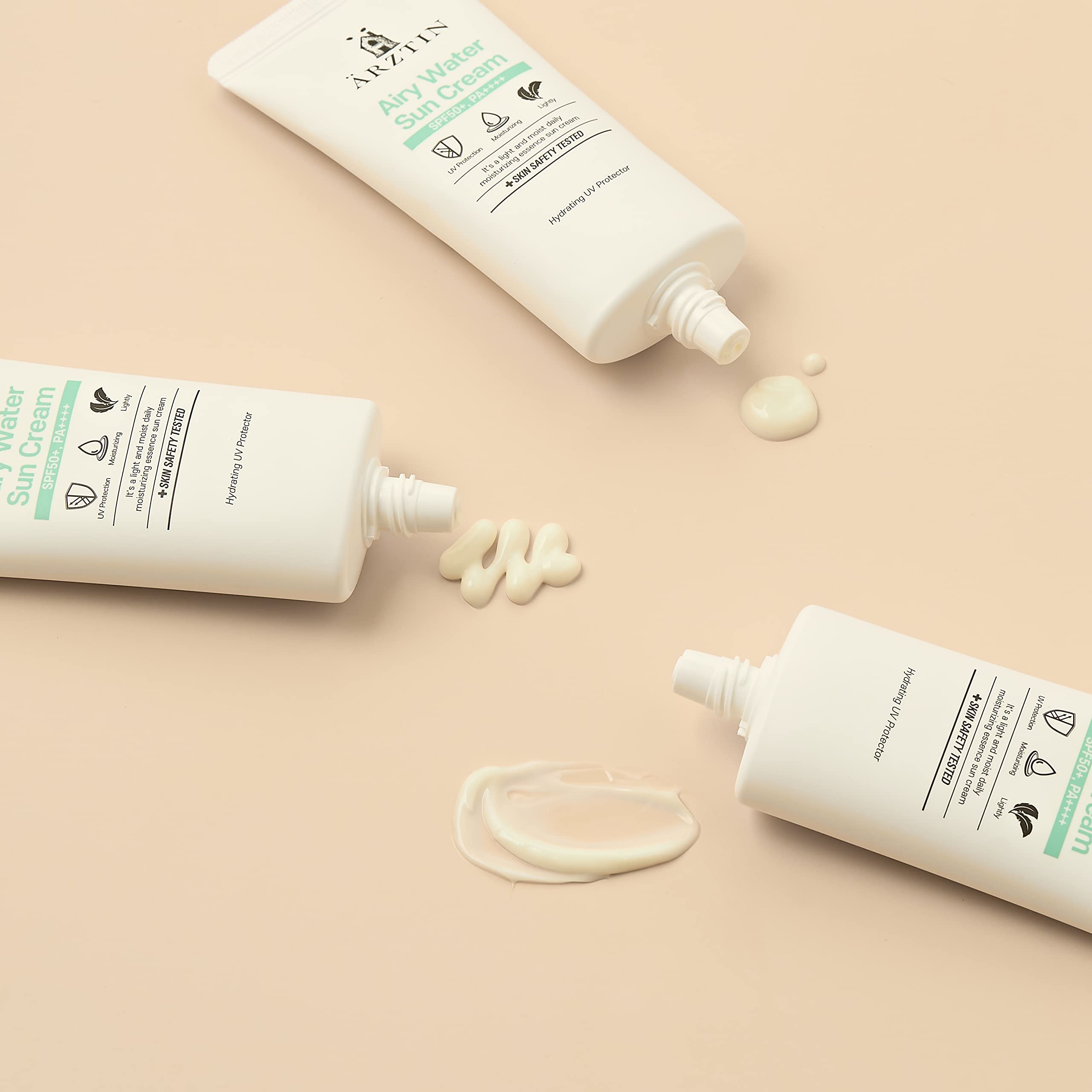 ARZTIN Airy Water Sun Cream lifestyle setup suggests everyday use under makeup.