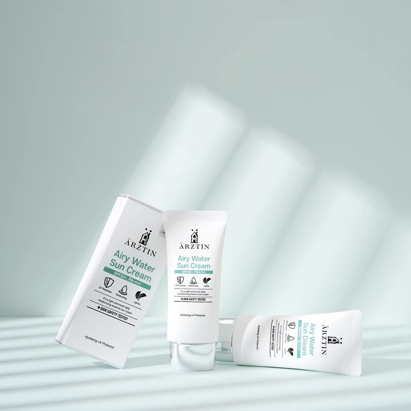 ARZTIN Airy Water Sun Cream SPF50+ label signals strong protection in daylight.