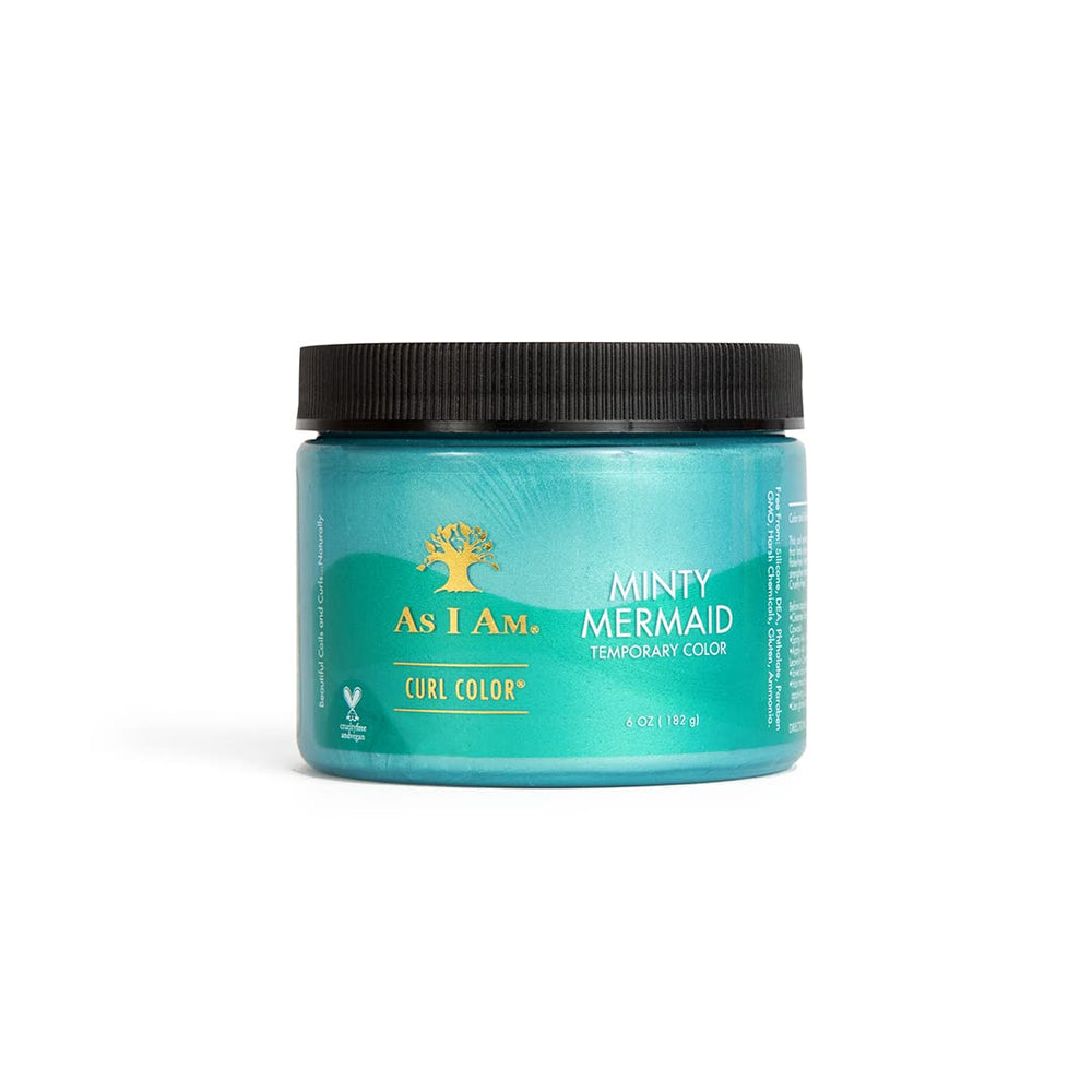 As I Am Curl Color Minty Mermaid bottle front view highlights vibrant temporary color for all hair shades.