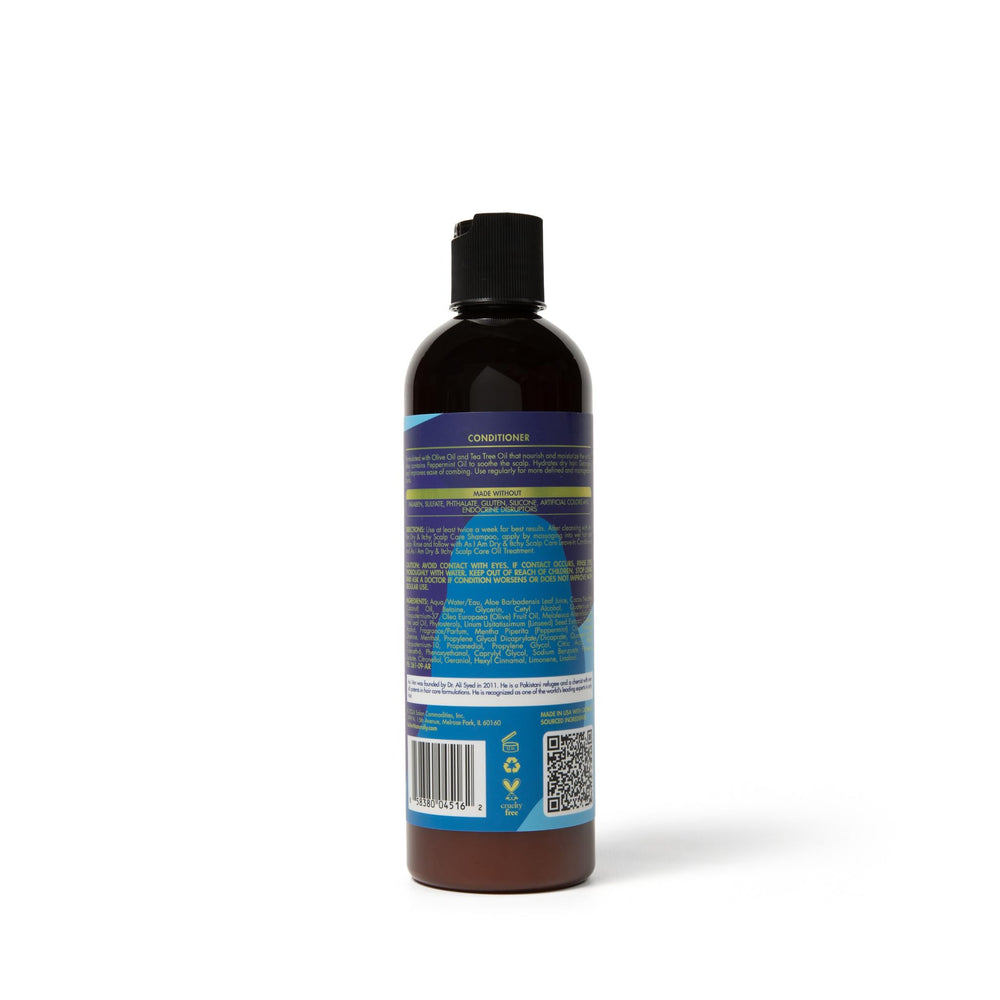 As I Am Dry & Itchy Scalp Care Conditioner label closeup with olive oils for soothing scalp.