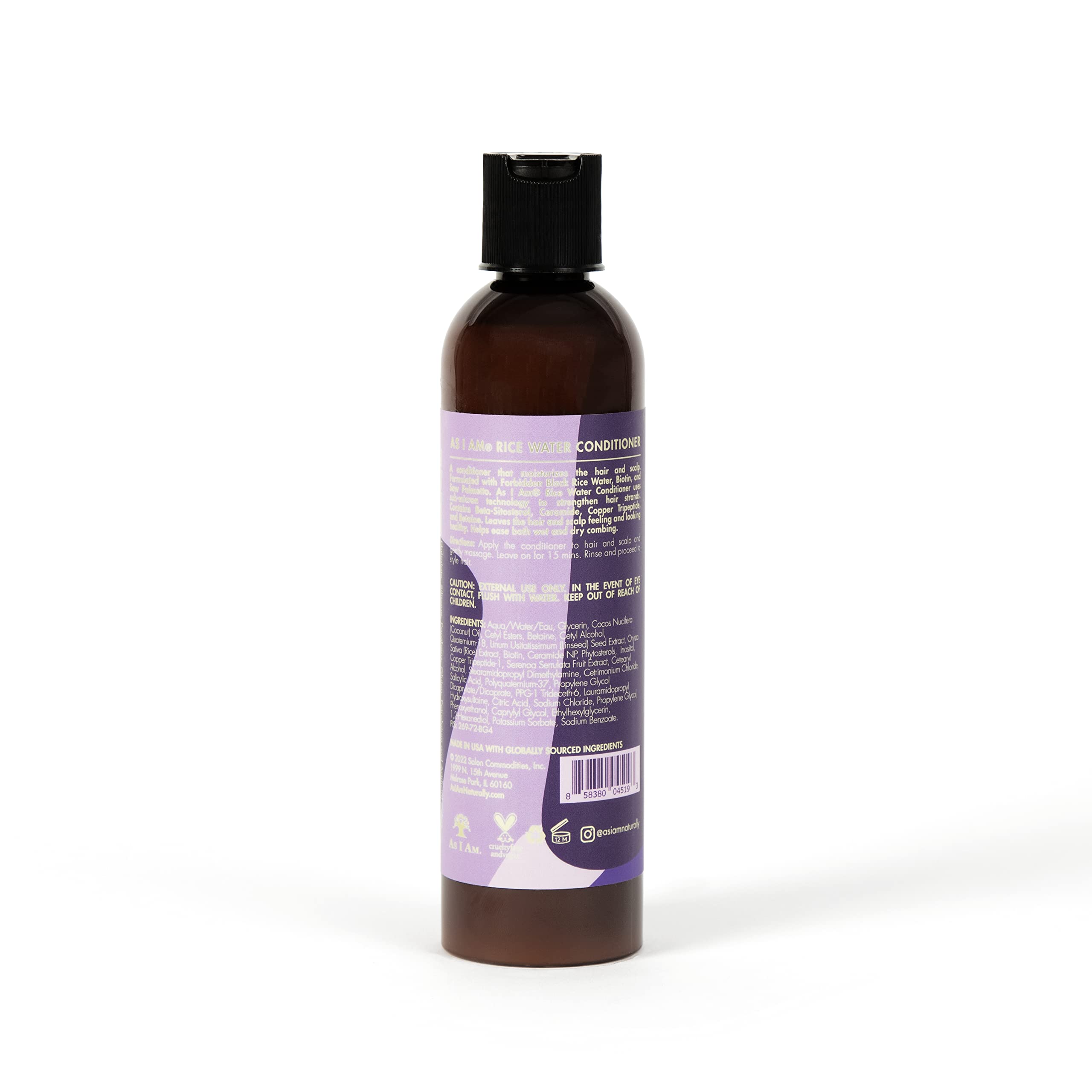 AS I AM Rice Water Conditioner bottle back shows usage directions for detangling and moisture.