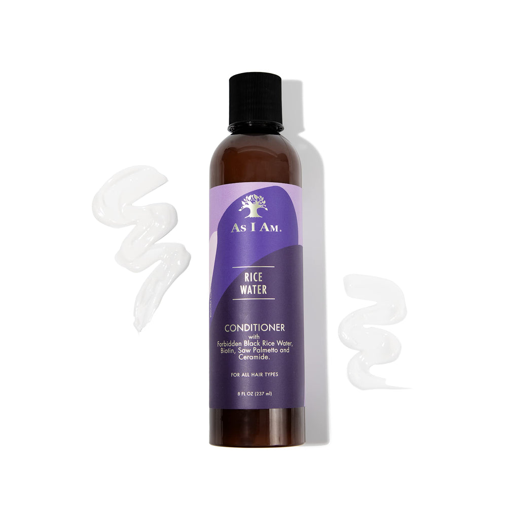 AS I AM Rice Water Conditioner packaging emphasizes travel-friendly 8oz size.