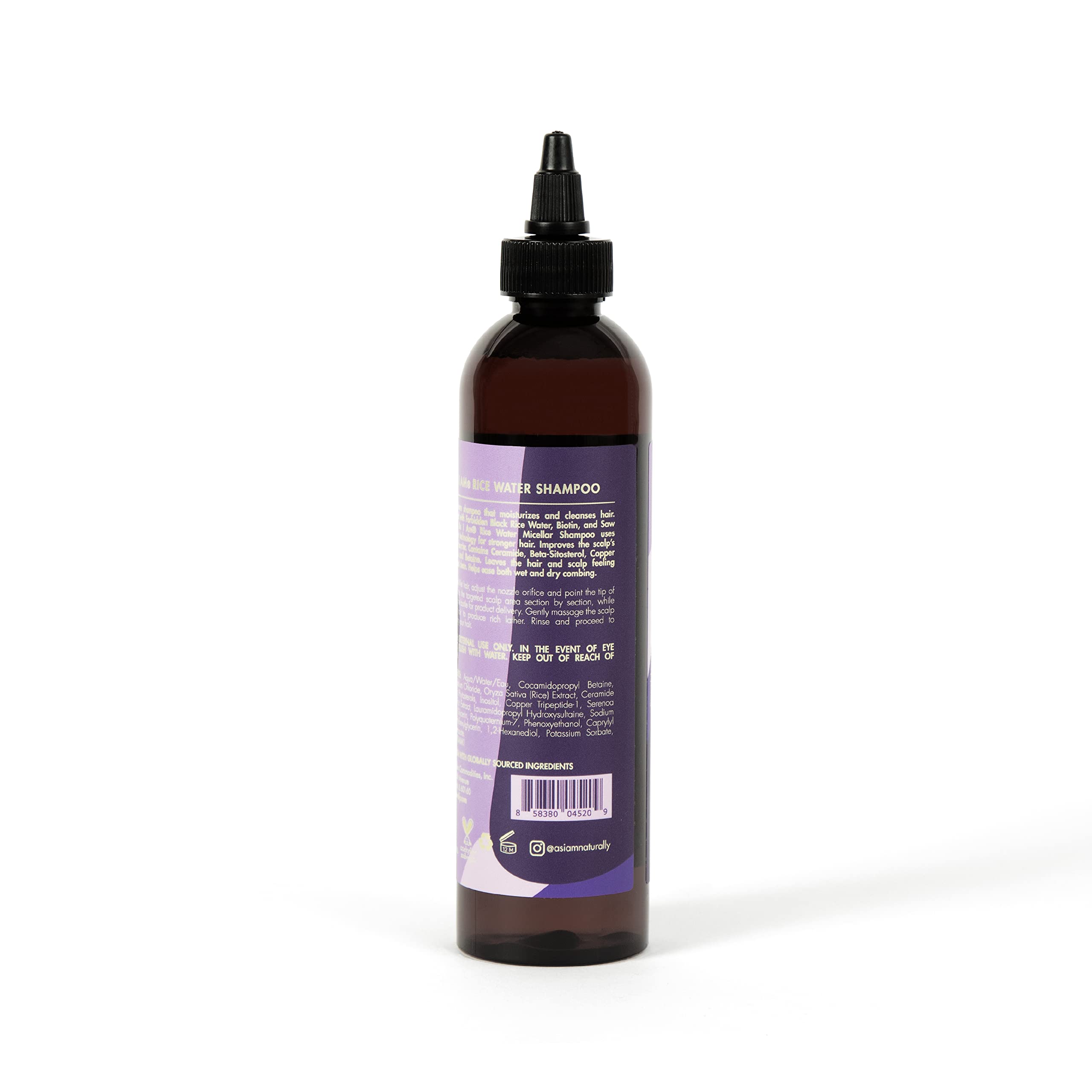 As I Am Rice Water Shampoo bottle close-up showing sustainable packaging.