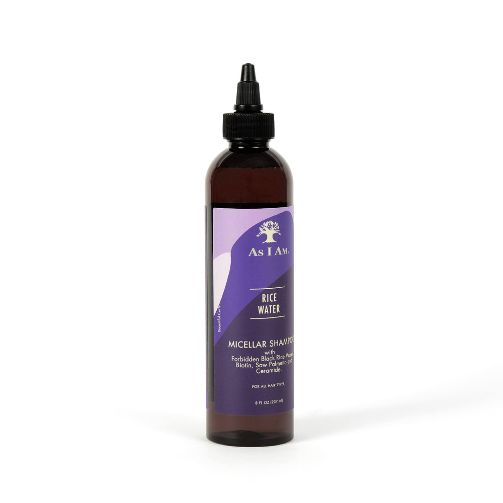 As I Am Rice Water Shampoo with Forbidden Black Rice highlights nourishing ingredients.