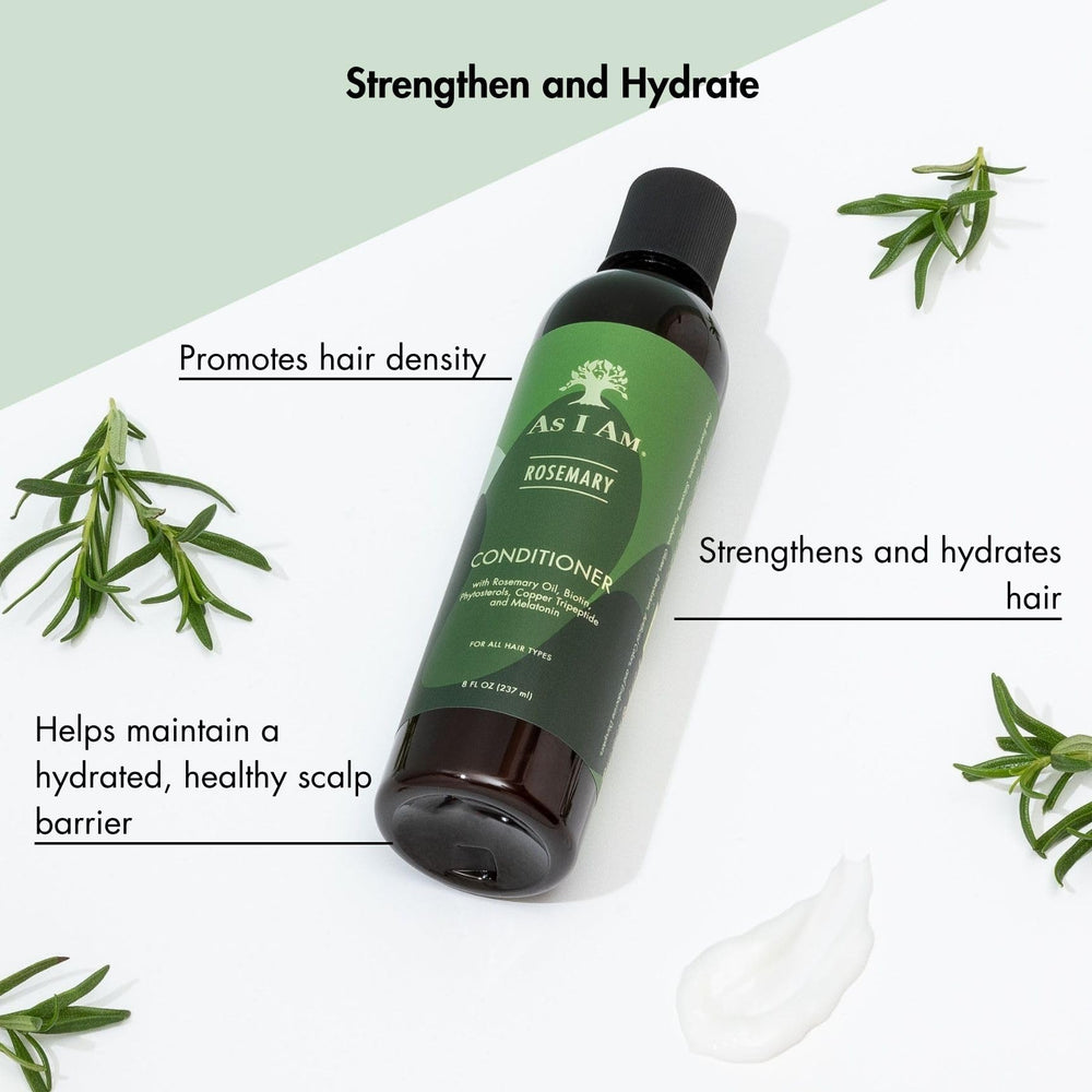 As I Am Rosemary Conditioner 8 oz ingredients closeup highlights biotin and saw palmetto benefits.
