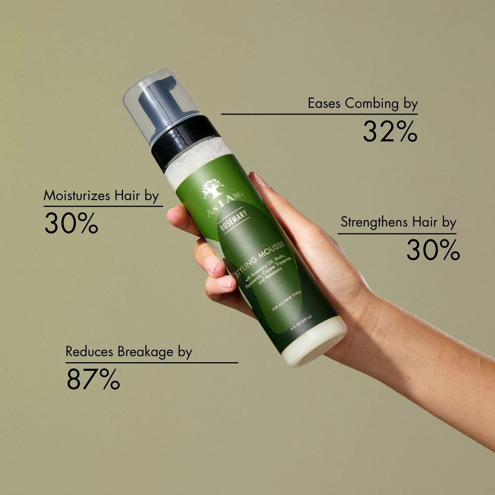 As I Am Rosemary Styling Mousse pump dispenser enables mess-free styling.