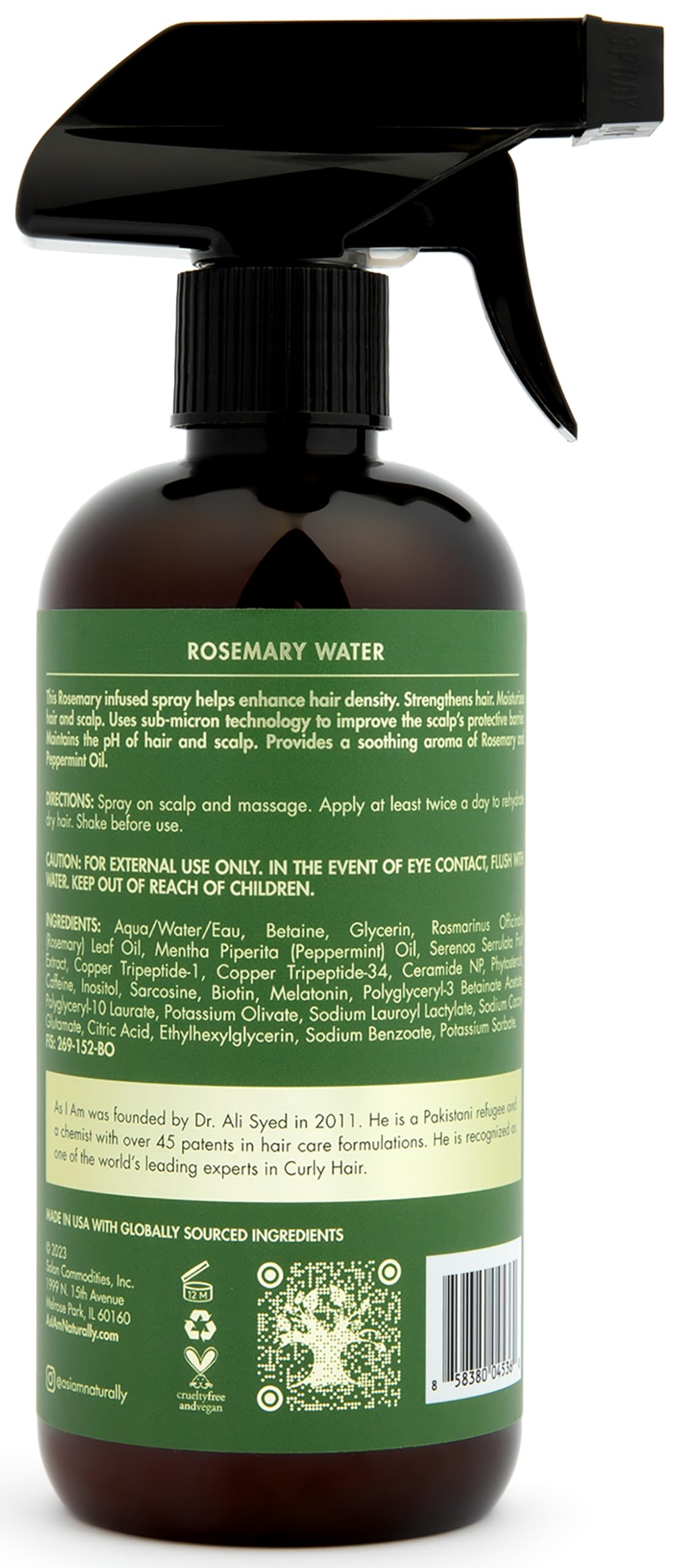 As I Am Rosemary Water ingredients scene showcases biotin and saw palmetto