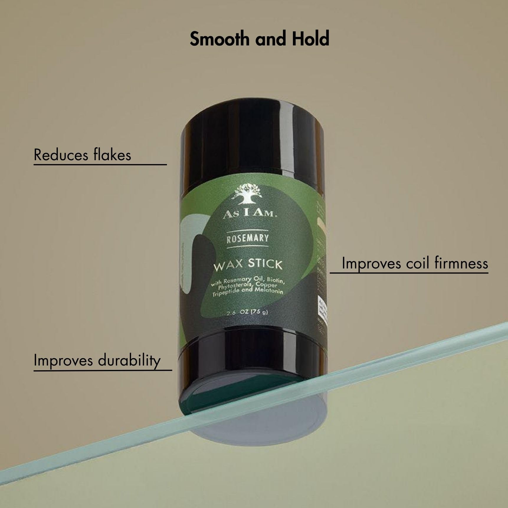 As I Am Rosemary Wax Stick in hand demonstrating flexible hold for versatile styling