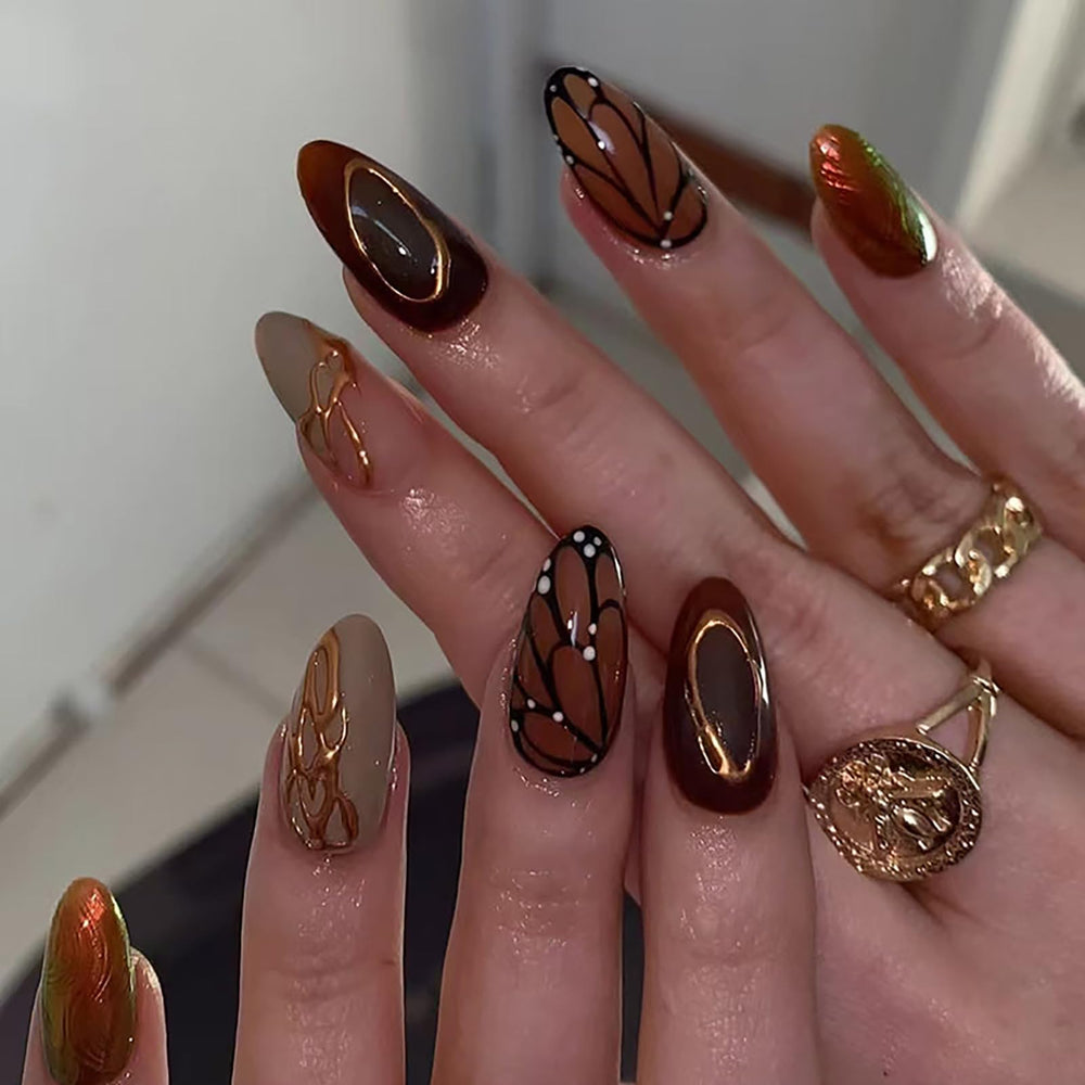 ASABITE brown almond press-on nails box set for at-home nail art convenience.