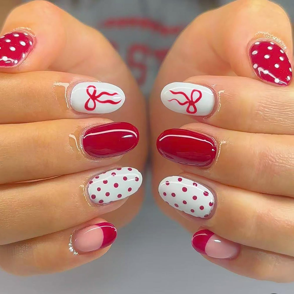 ASABITE 24-piece short almond nails with bow and polka dot for easy Valentine’s Day styling