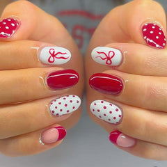 ASABITE 24-piece short almond nails with bow and polka dot for easy Valentine’s Day styling