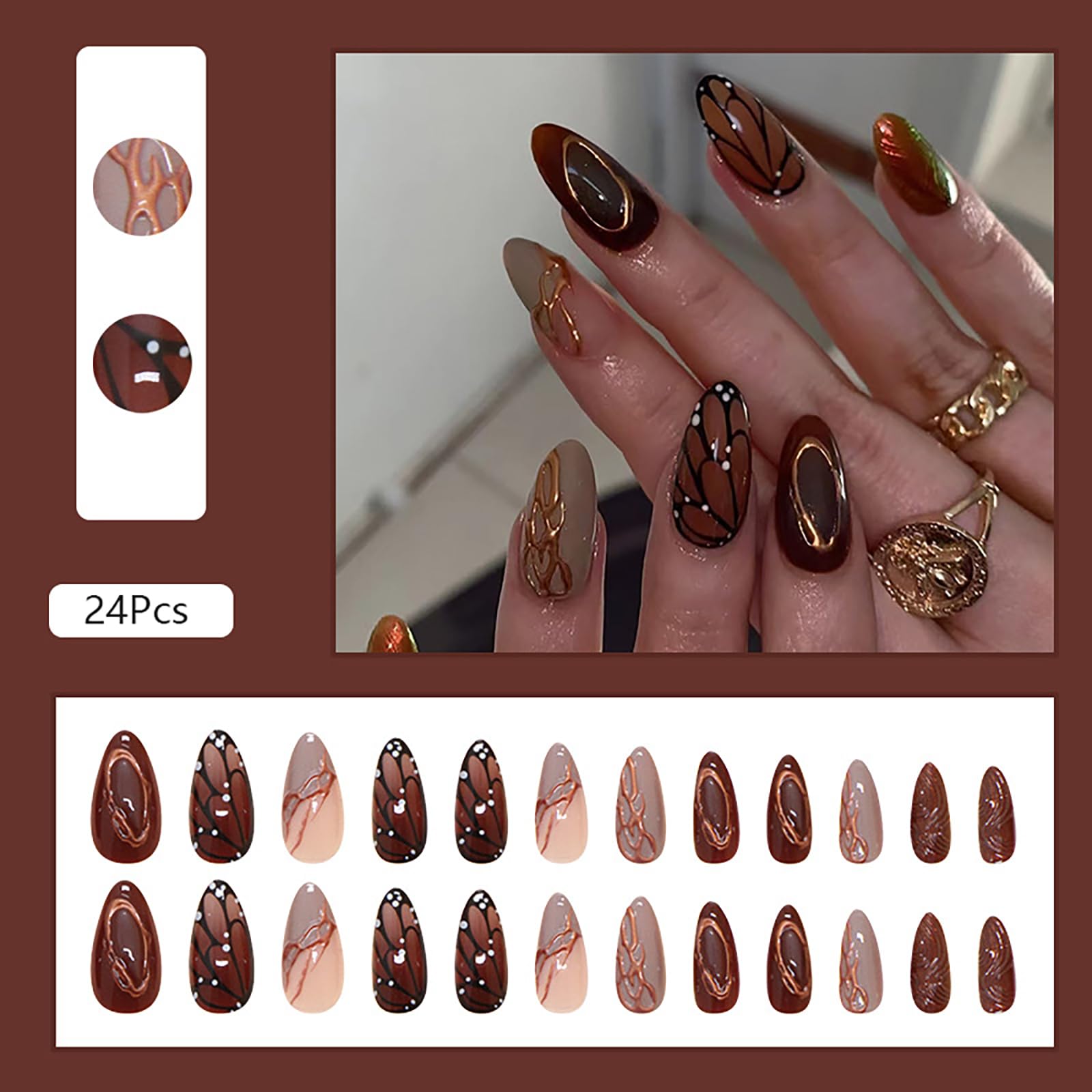 ASABITE butterfly wings with golden line design on almond nails for elegant styling.