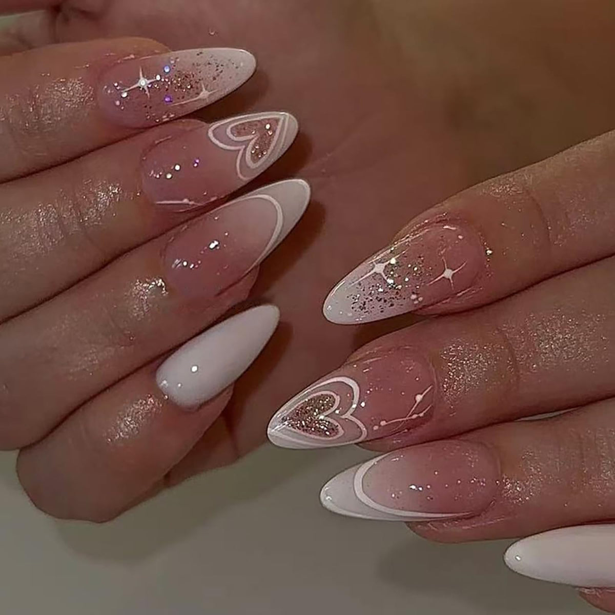 ASABITE Valentine's heart glitter almond nails for easy at-home manicures.