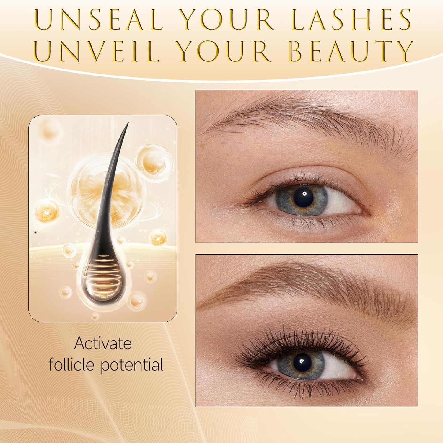 Closeup of ASAMO eyelash serum bottle displaying premium packaging