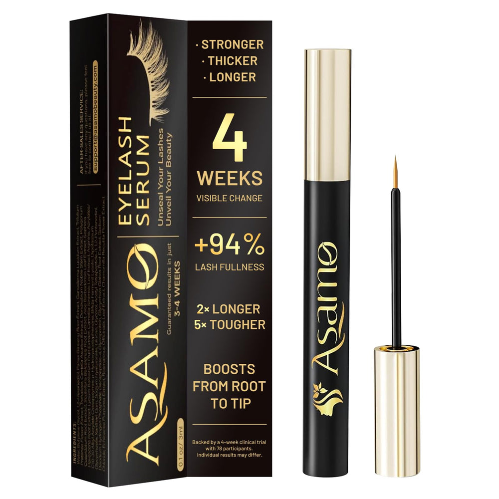 ASAMO eyelash serum golden bottle highlights premium lash care benefit