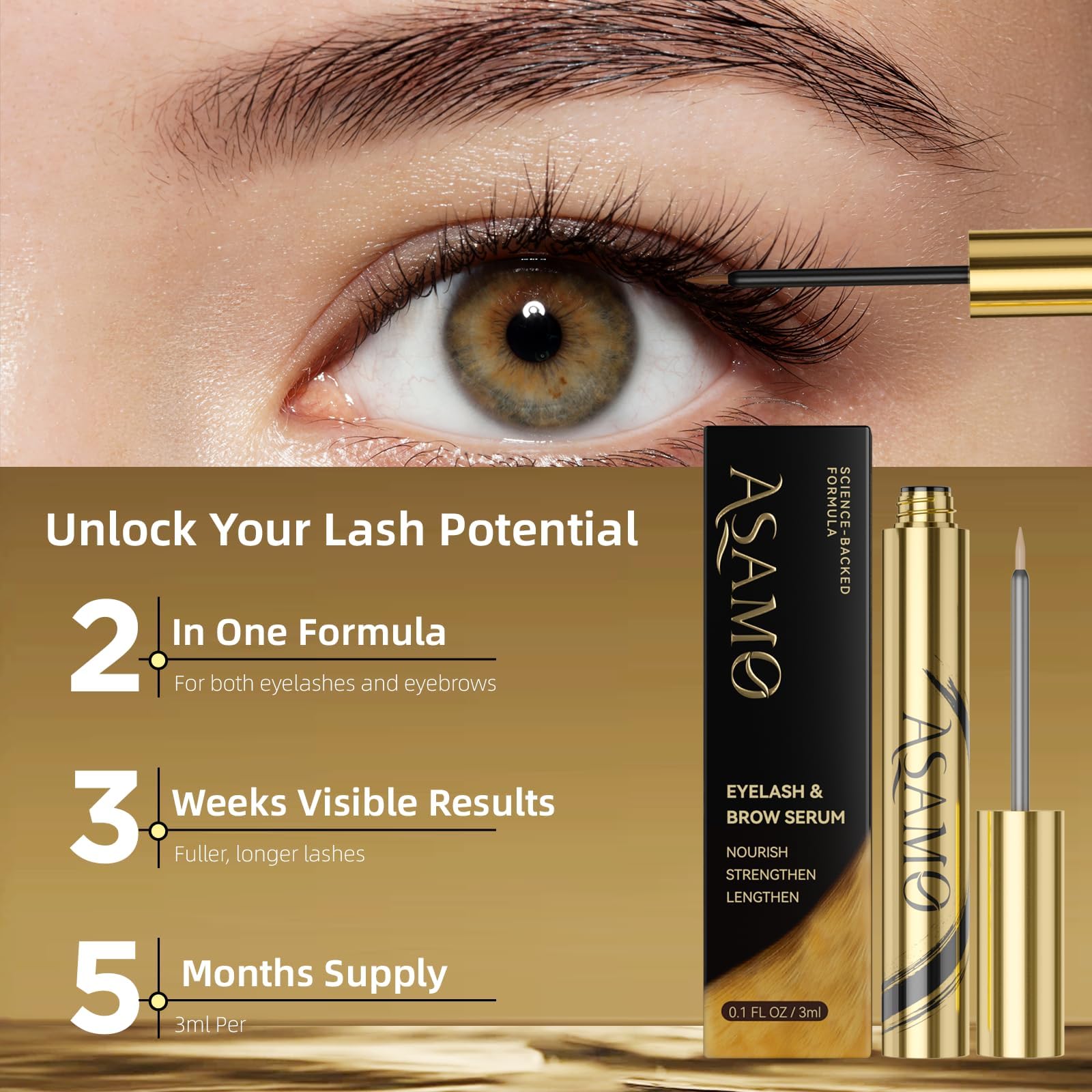 ASAMO eyelash serum with golden cap highlights premium, nourishing lash follicles