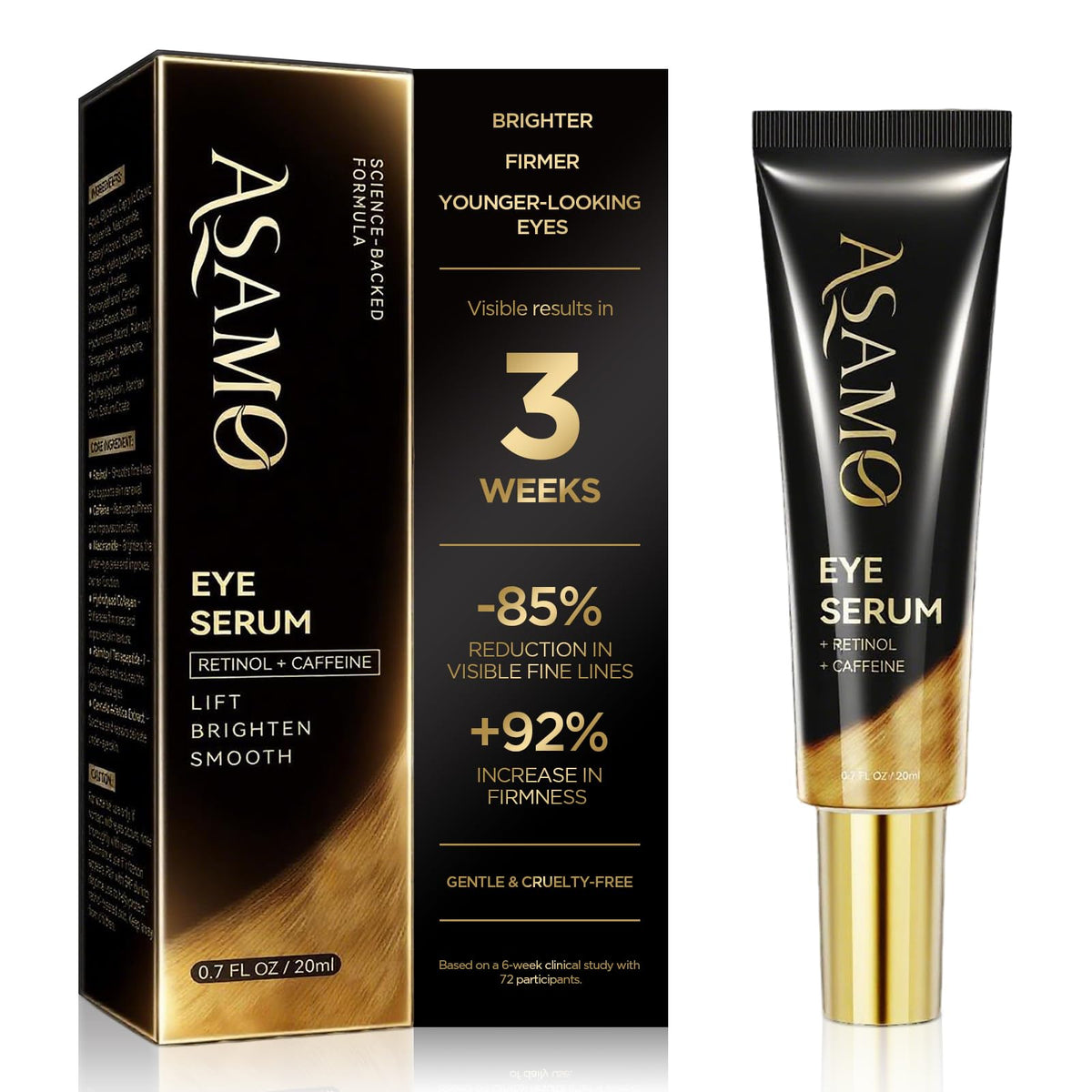 ASAMO Retinol and Caffeine Eye Serum bottle shows fast-absorbing formula for the under-eye area.