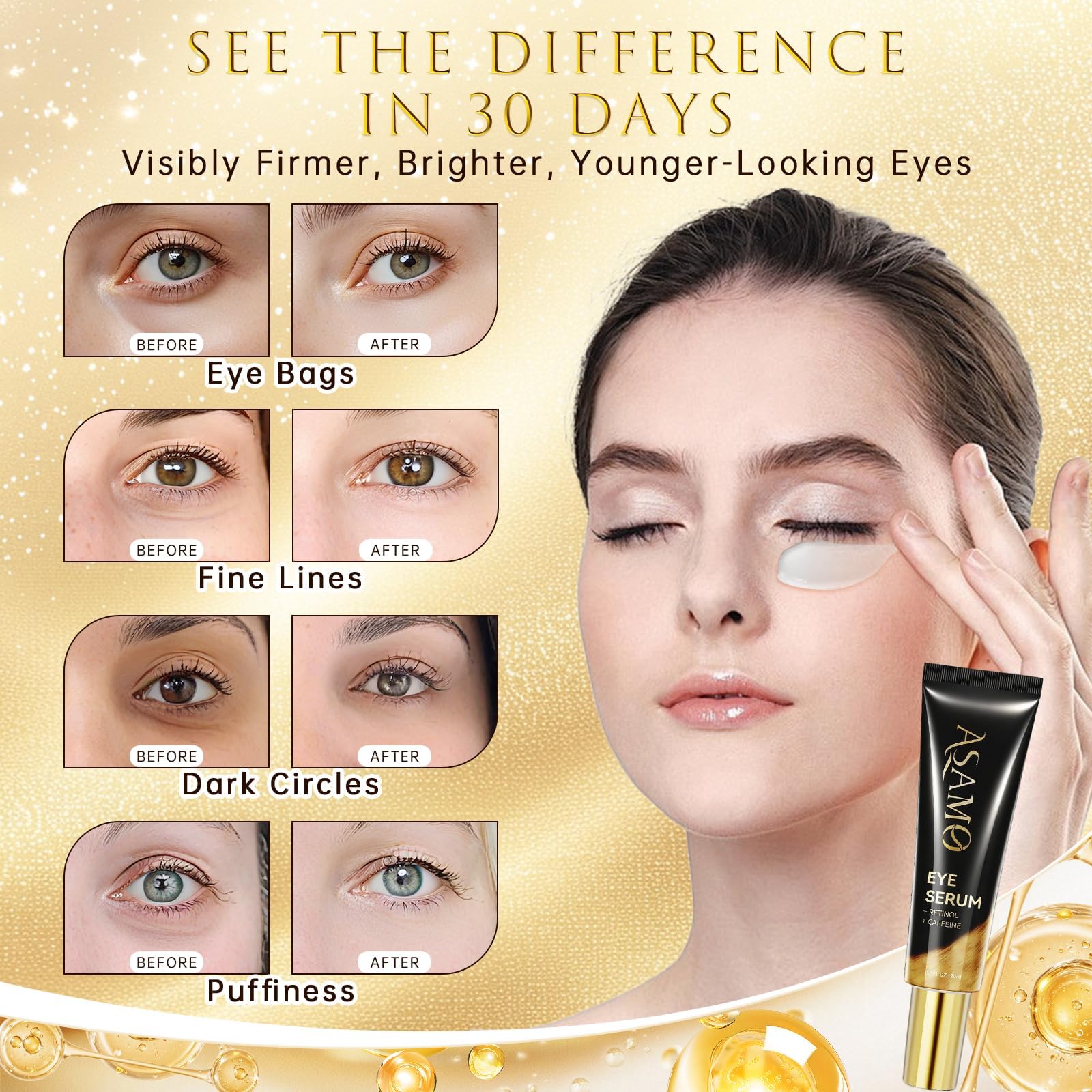 ASAMO Retinol and Caffeine under-eye application helps depuffing and brightening.