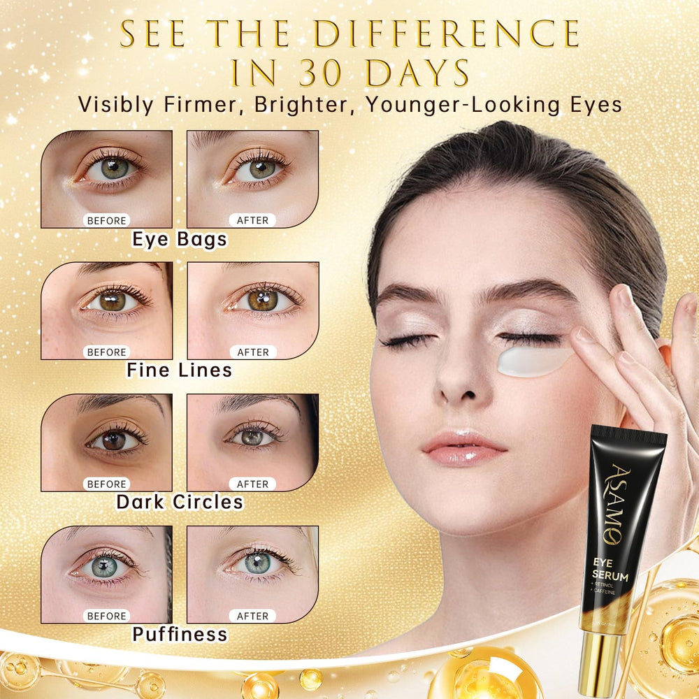 ASAMO Retinol and Caffeine under-eye application helps depuffing and brightening.