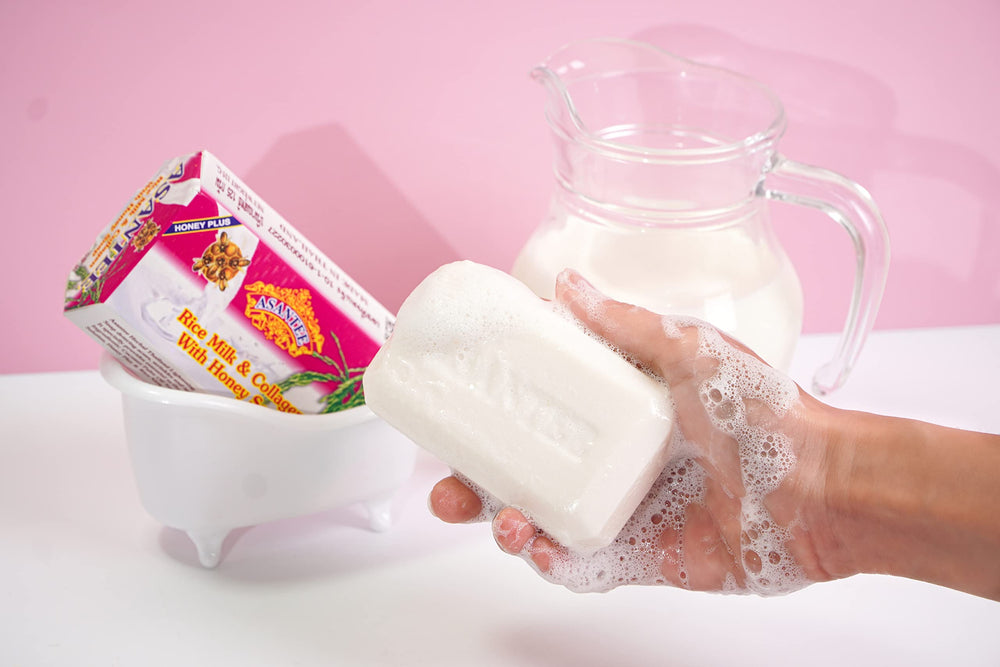 Six-pack ASANTEE packaging highlights premium rice milk soap for everyday use.
