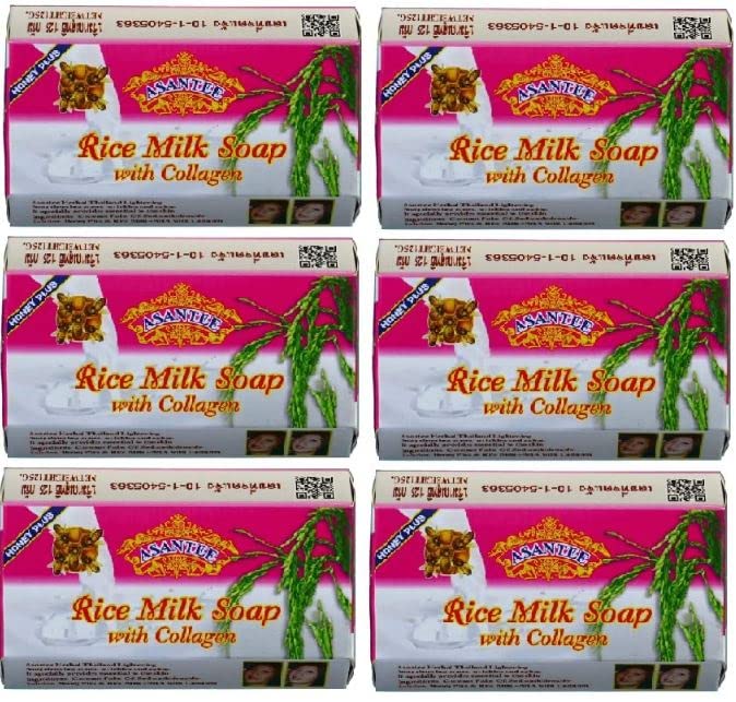 Asantee rice milk soap bar with collagen and honey; rich lather for silky skin.