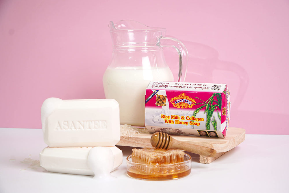 Soap surface reveals turmeric and rice milk notes for a natural fragrance.