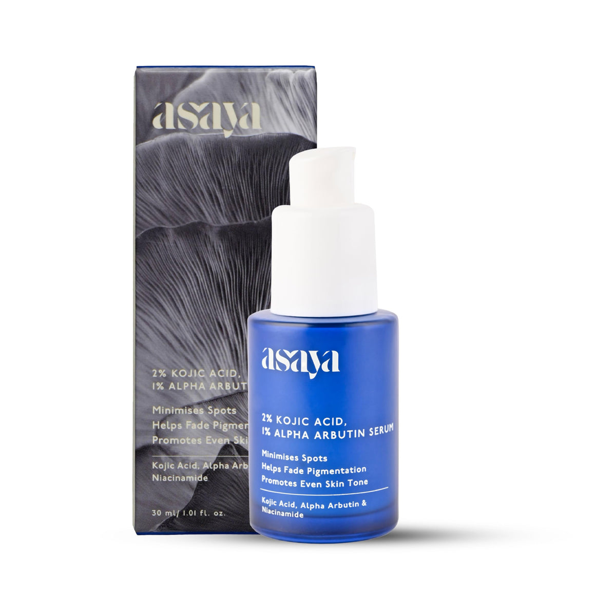 Asaya serum bottle close-up shows precise dropper for brightening use.