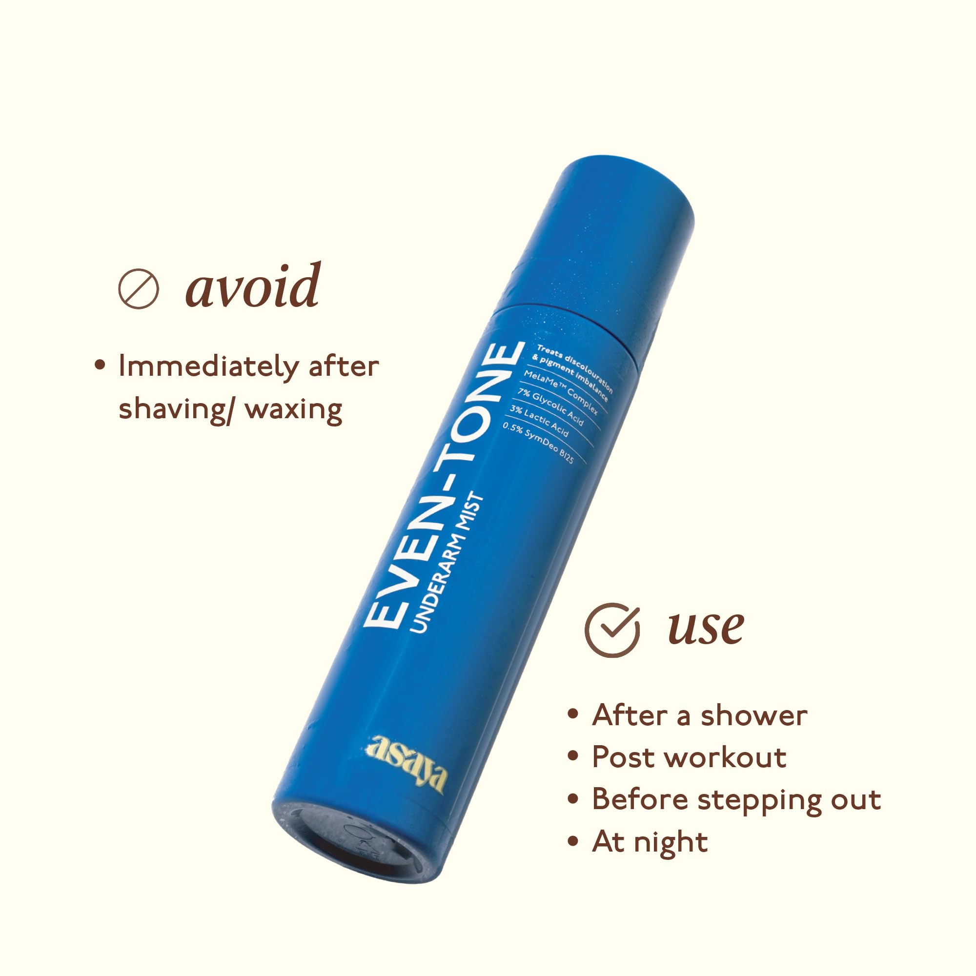 Asaya Underarm Brightening Effect image suggests visible tone improvement potential.