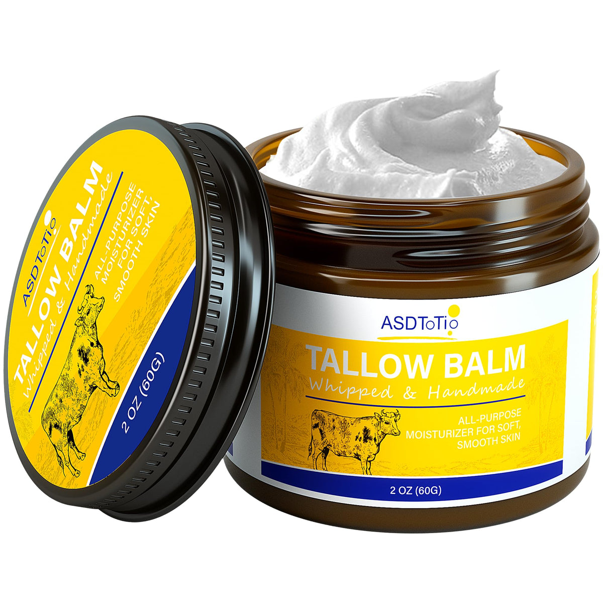 ASDToTio whipped tallow balm jar close-up highlights nourishing ingredients for skin.