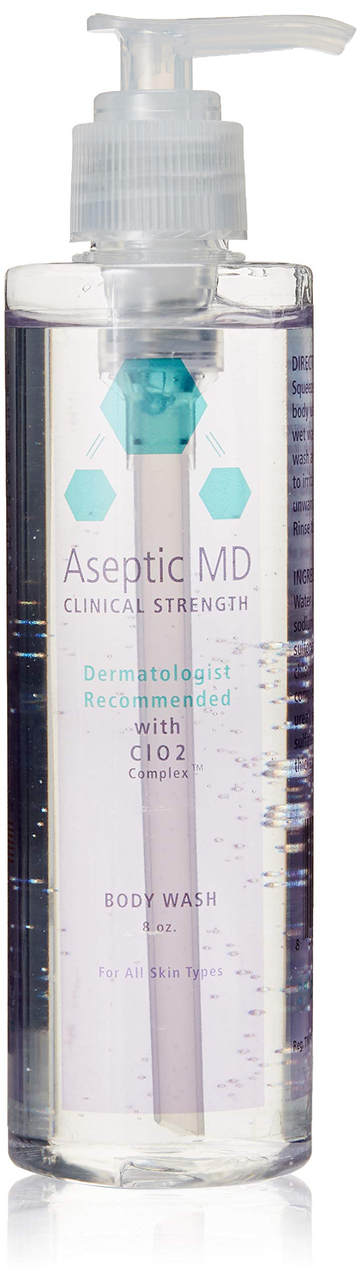Aseptic MD Body Wash bottle pouring for fragrance-free cleansing on sensitive skin