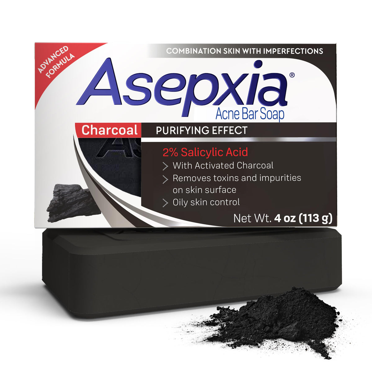 Asepxia salicylic acid charcoal bar soap closeup highlighting pore cleansing and oil control