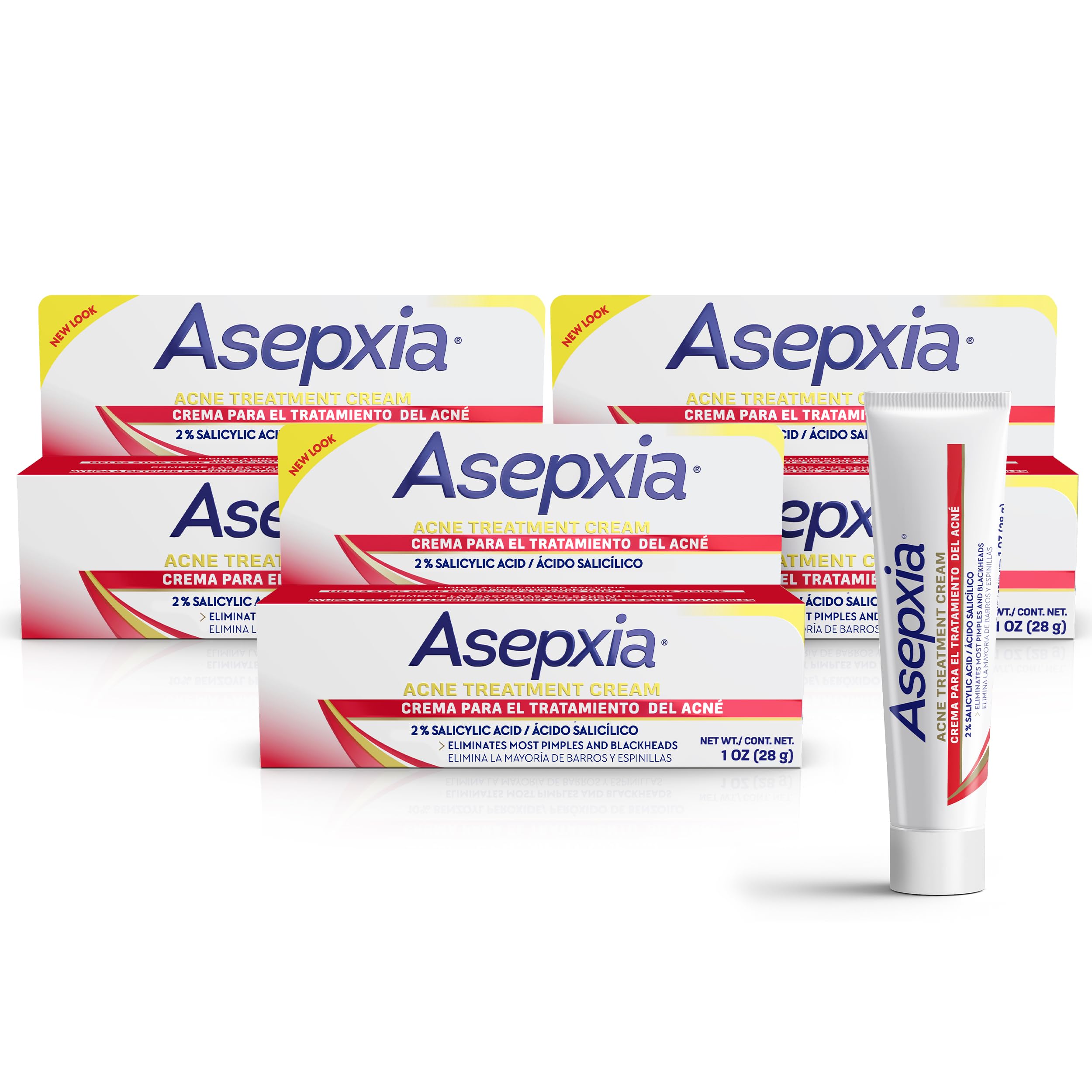 Asepxia spot-treatment cream tube with 2% salicylic acid for targeted acne care.
