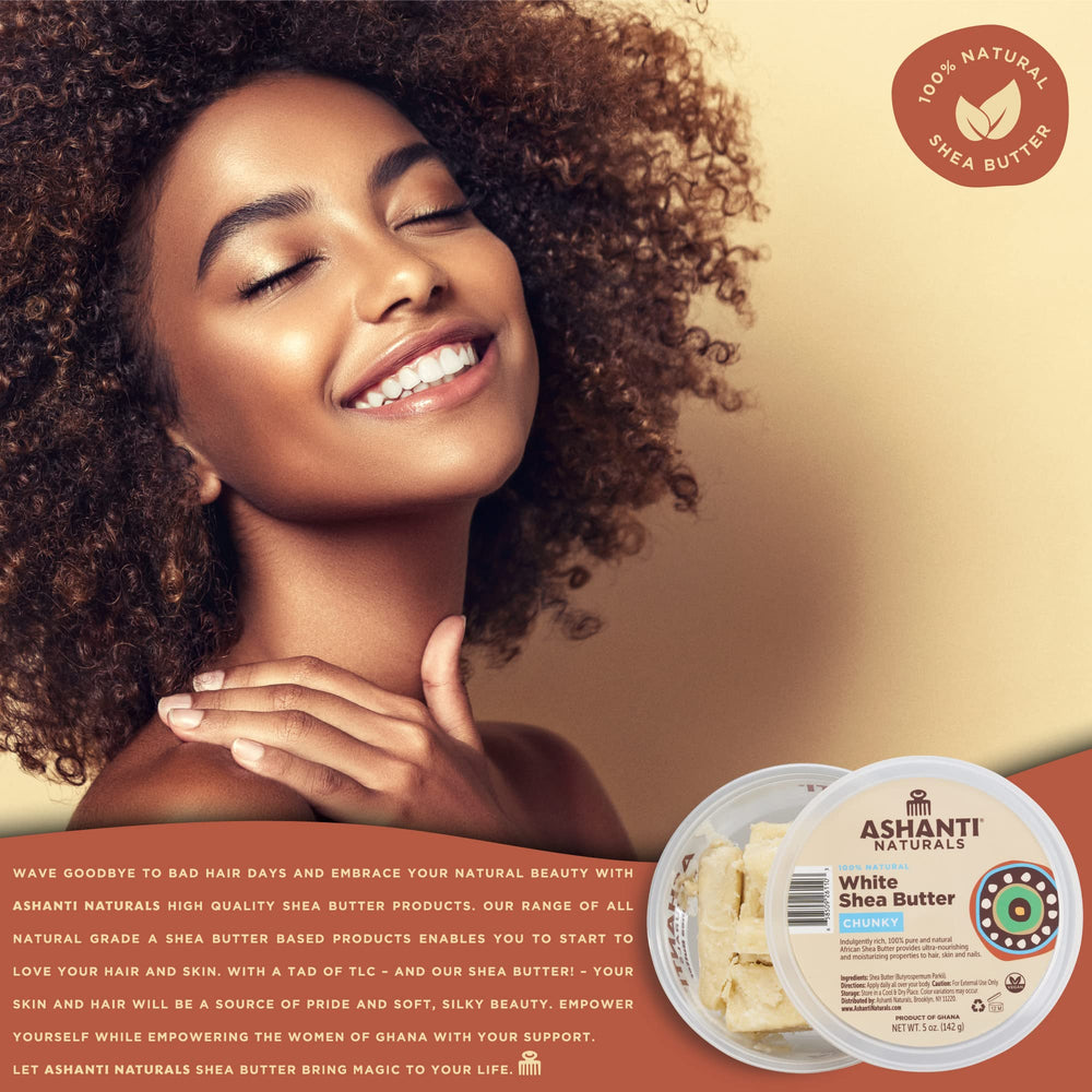 Ashanti Naturals butter used in hair care demonstrating frizz control.