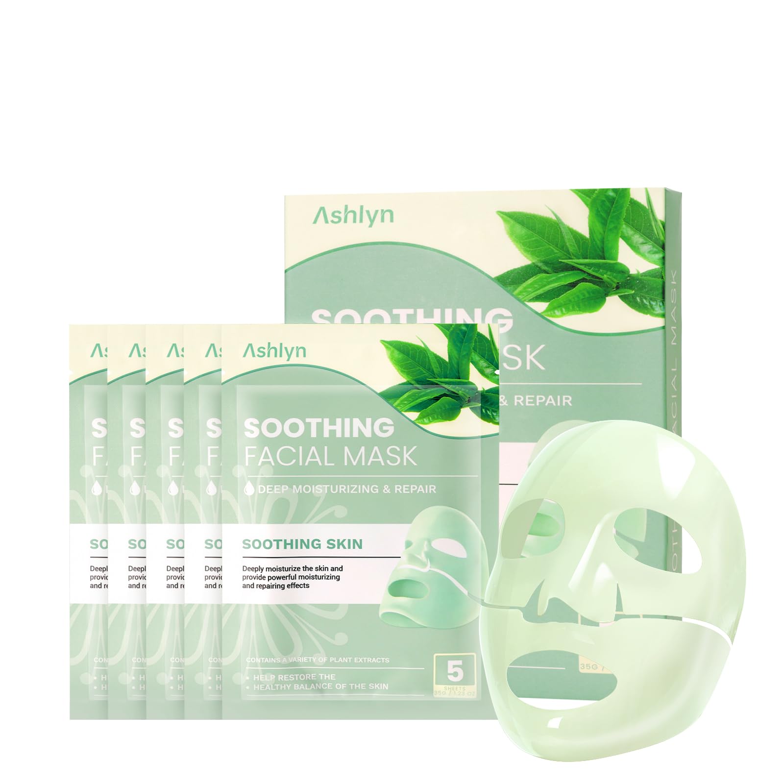 Ashlyn Green Tea soothing collagen mask sheet on face delivering calm hydration for sensitive skin