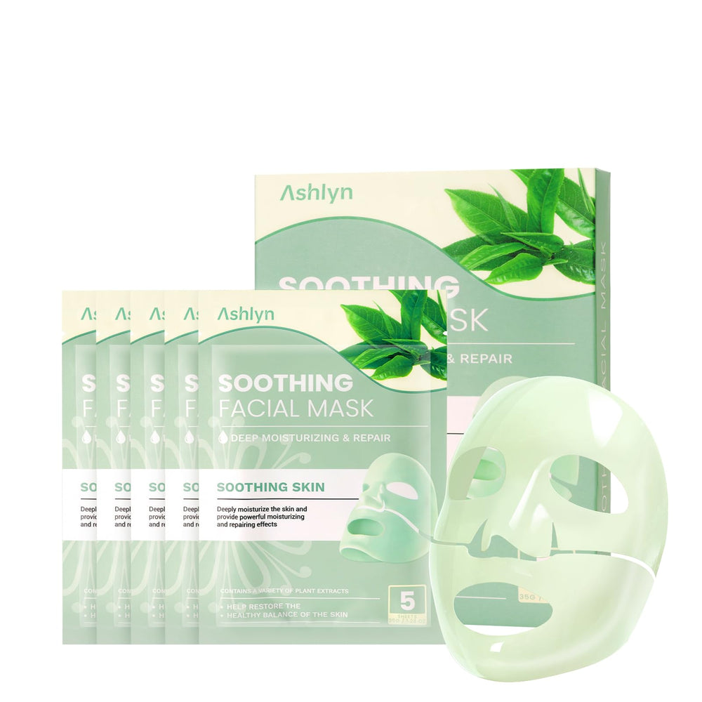 Ashlyn Green Tea soothing collagen mask sheet on face delivering calm hydration for sensitive skin
