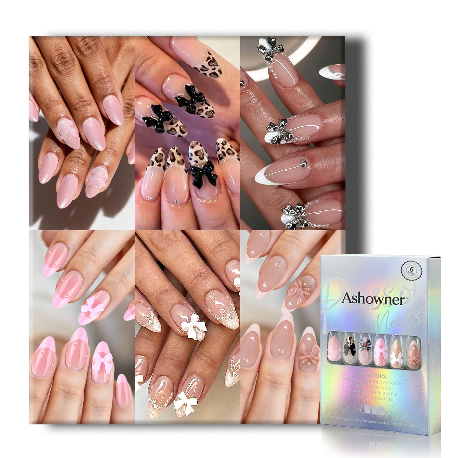 Ashowner press-on nails collection with six designs for versatile at-home manicures.