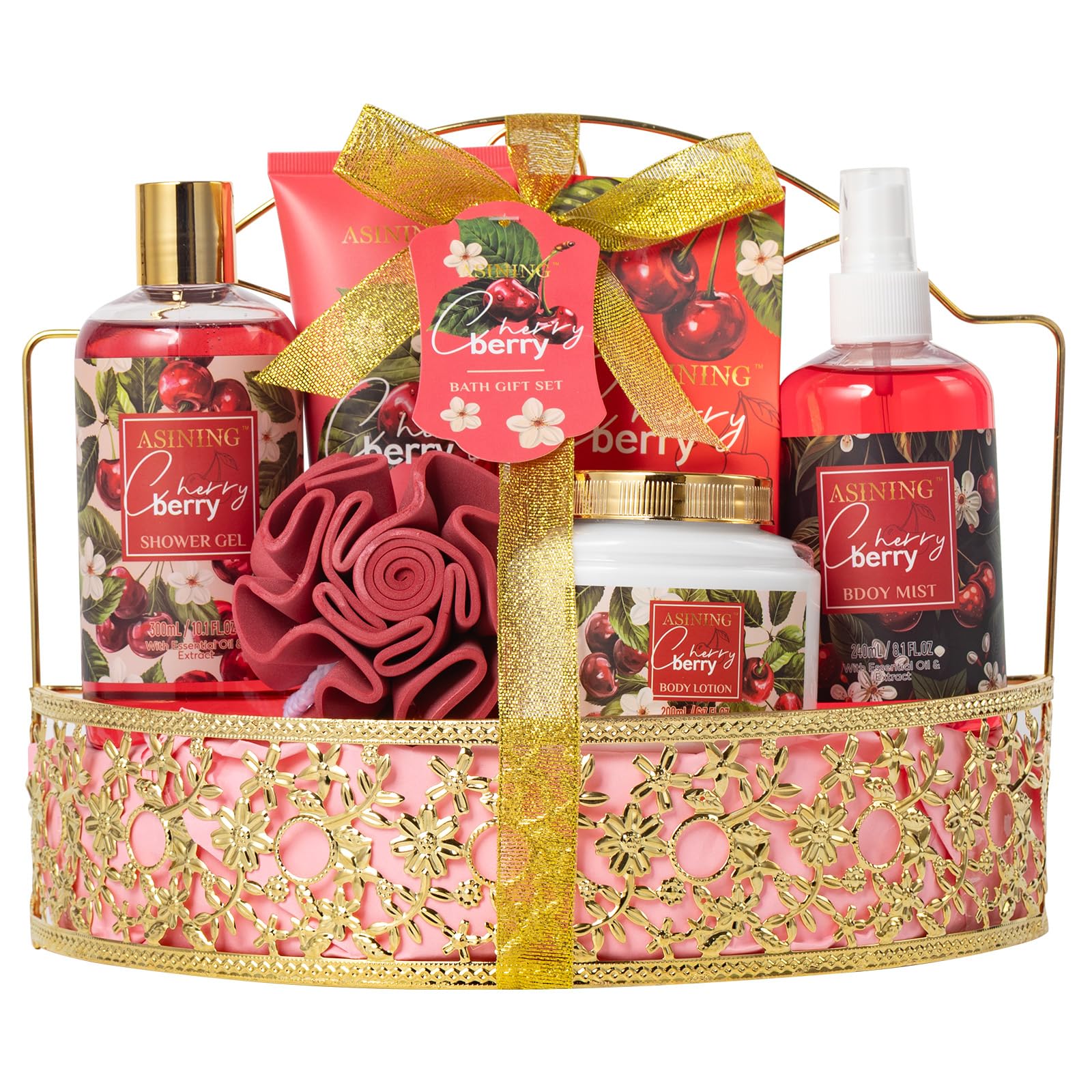 ASINING bath and body basket with cherry fragrance for a luxurious gift